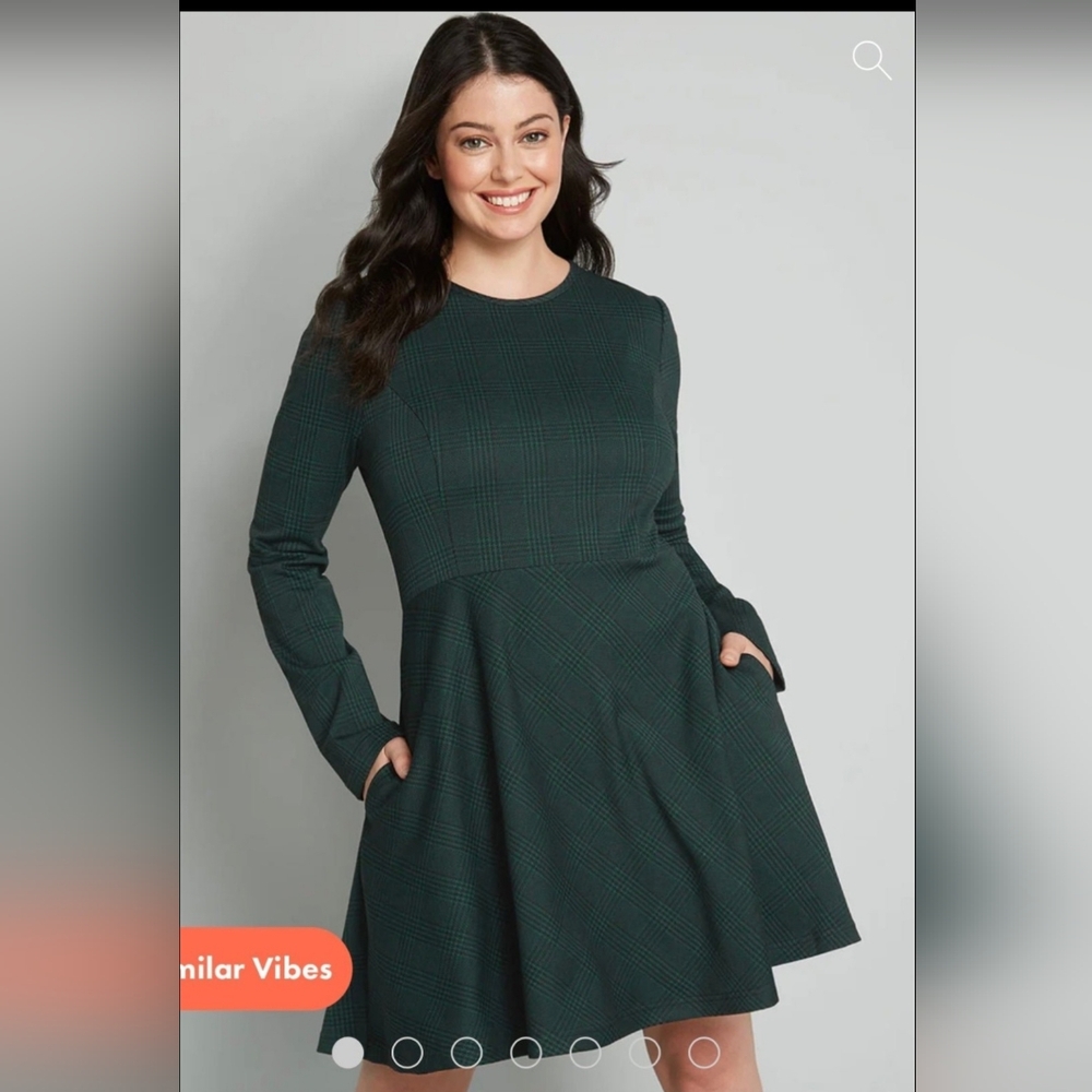 Modcloth, Green Plaid Dress, Size Large